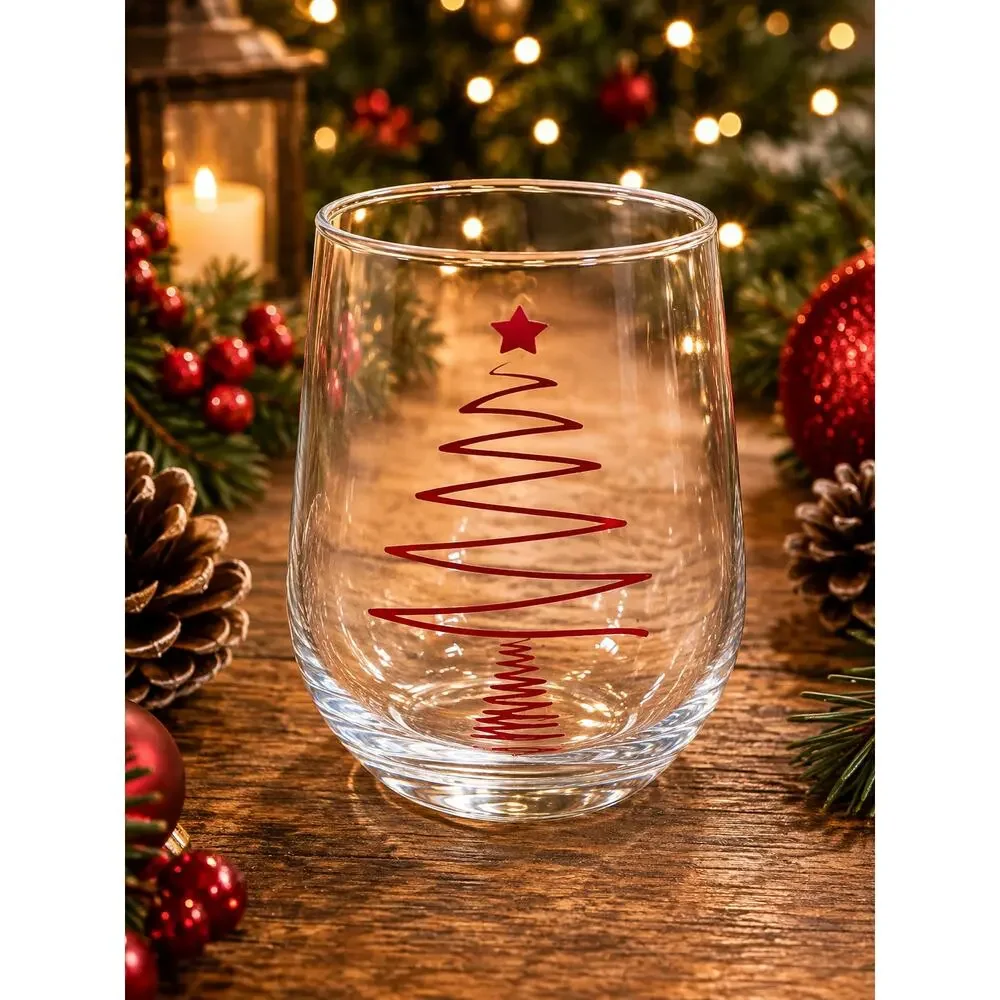 Handmade Christmas Tree Stemless Wine Glass – Holiday Tumbler – Brand New SET 3